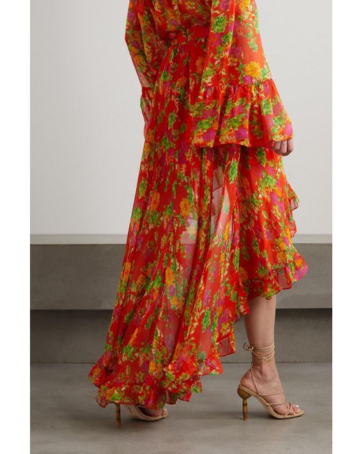 Caroline Constas Orange Del Wrap-effect Floral-print Silk-chiffon Midi Skirt
