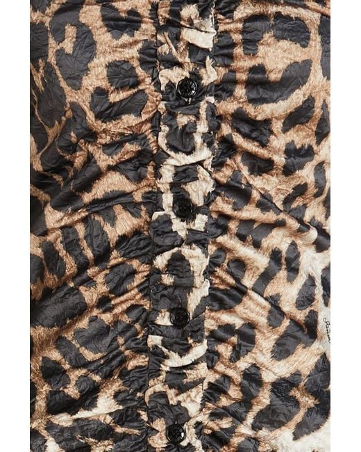 Ganni Multicolor Ruched Leopard-print Satin Mini Shirt Dress