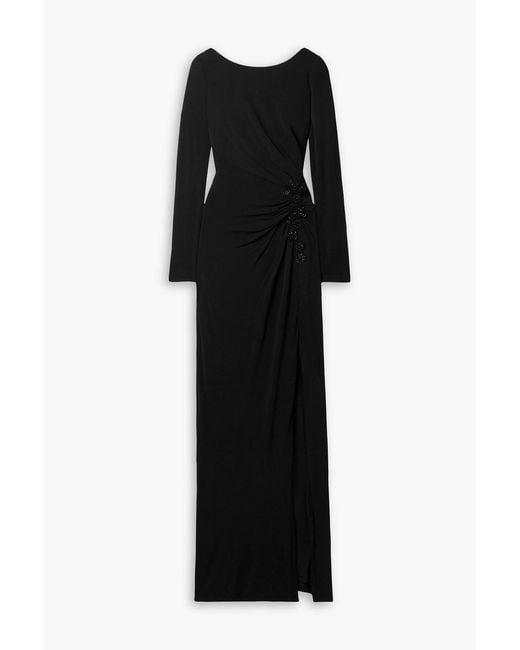 Marchesa Black Bead-Embellished Appliquéd Ruched Stretch-Jersey Gown