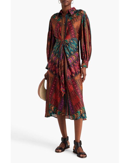 Farm Rio Red Bead-embellished Printed Satin Midi Dress