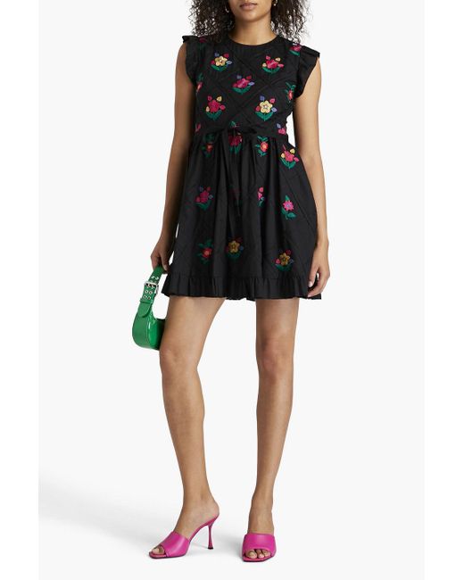 RED Valentino Black Embroidered Belted Cotton Mini Dress