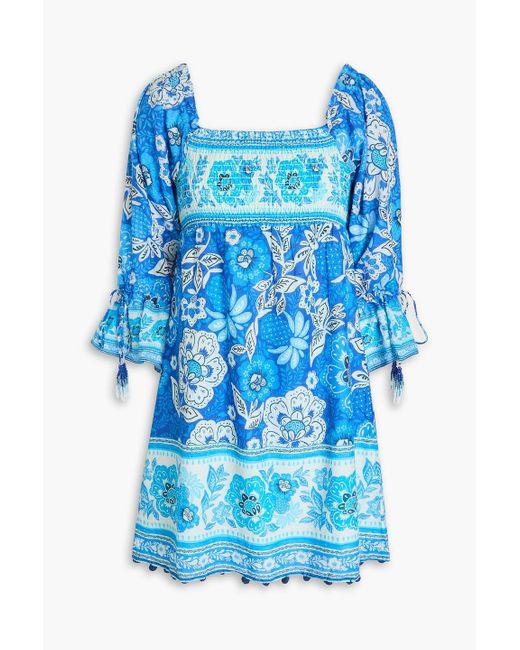 Farm Rio Blue Off-the-shoulder Floral-print Swiss-dot Cotton Mini Dress