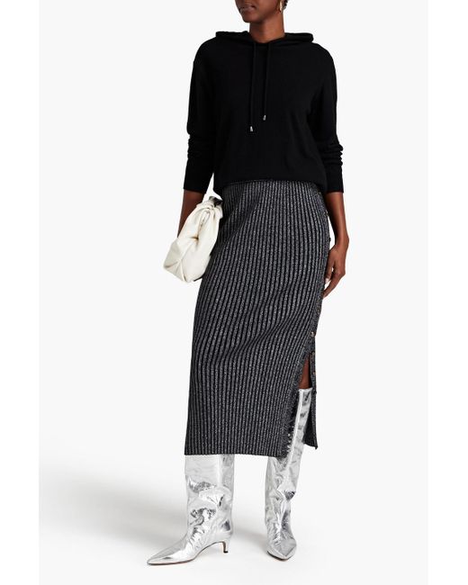 Tory Burch Black Ribbed Metallic Merino Wool-blend Midi Pencil Skirt