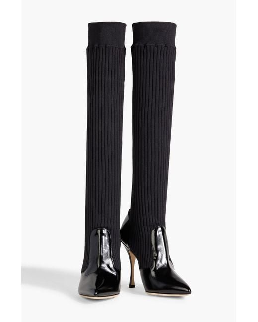 Dolce & Gabbana Black Glossed-leather And Ribbed-knit Knee Boots