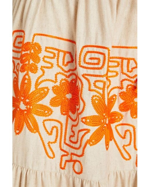 Maje Orange Tiered Embroidered Cotton And Linen-blend Twill Midi Skirt