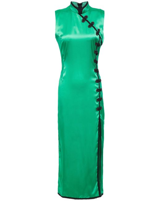 De La Vali Green Jean Appliquéd Satin Midi Dress Jade