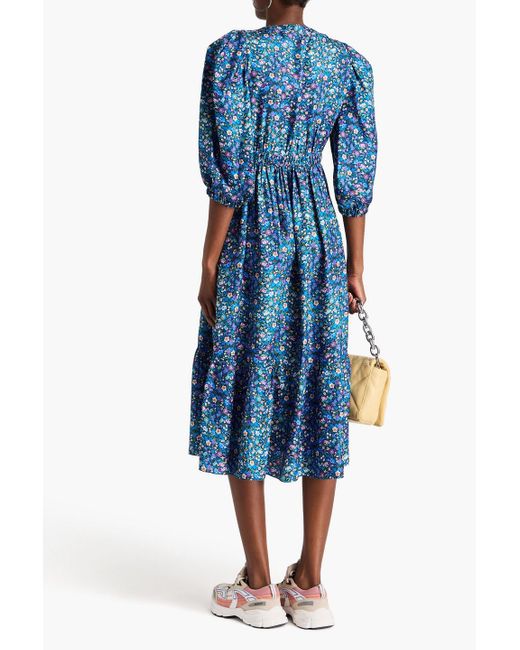 Sandro Blue Floral-print Silk-twill Midi Dress