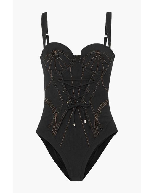 Agent Provocateur Black Safiya Lace-up Ribbed Underwired Swimsuit