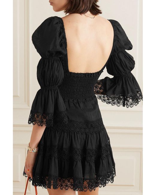 Charo Ruiz Black Nadia Shirred Guipure Lace-trimmed Cotton-blend Voile Mini Dress