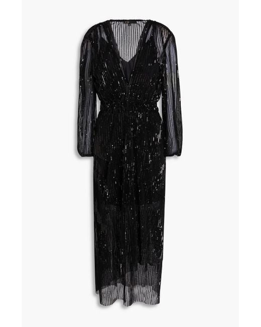 Maje Black Sequined Plissé-Tulle Midi Dress