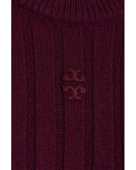 Tory Burch Purple Embroidered Ribbed Cashmere Sweater