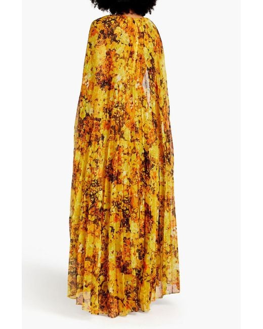 Marchesa Yellow Cape-effect Pleated Floral-print Chiffon Gown