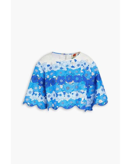 Farm Rio Blue Cropped Floral-Print Linen Top