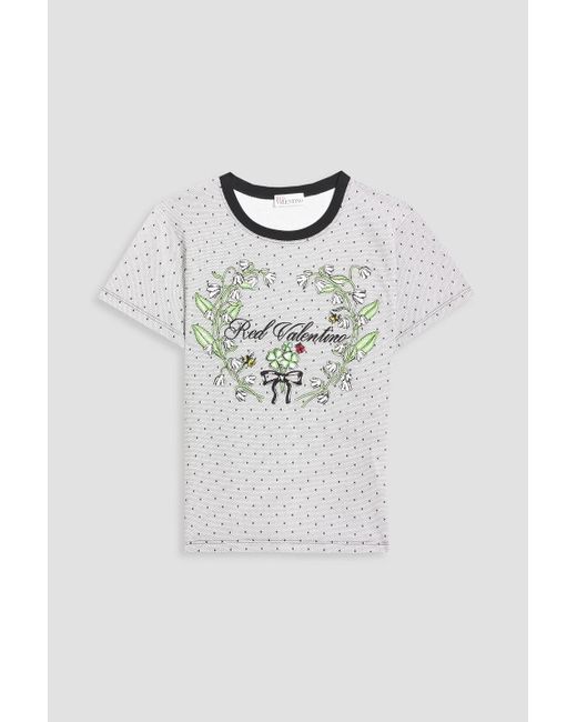 RED Valentino Blue Embroidered Printed Cotton-jersey T-shirt