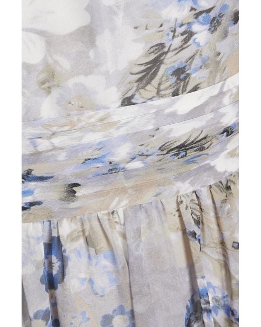 Mikael Aghal White Gathered Floral-print Chiffon Midi Dress