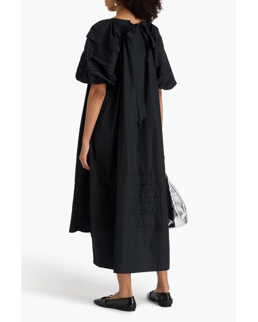 CECILIE BAHNSEN Black Penelope Pintucked Cotton-Poplin Midi Dress