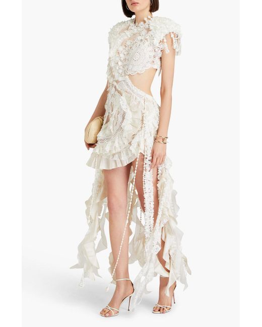 Zimmermann White Embellished Cotton-blend Guipure Lace, Tulle And Organza Dress