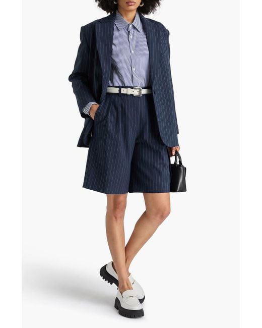 Maje Blue Pleated Pinstriped Wool-Blend Twill Shorts