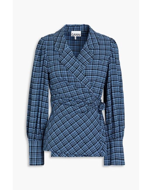 Ganni Blue Gathered Checked Stretch-seacell Wrap Blouse
