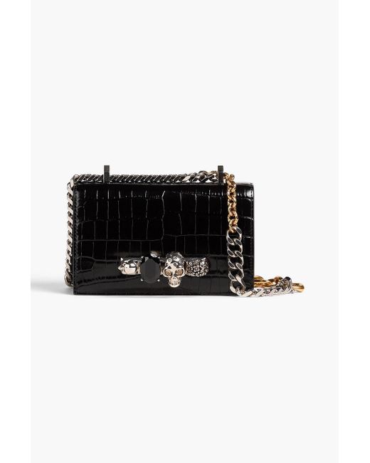 Alexander McQueen Black Schultertasche aus leder mit krokodileffekt