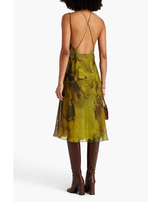 Alberta Ferretti Green Guipure Lace-trimmed Draped Printed Silk-chiffon Midi Dress