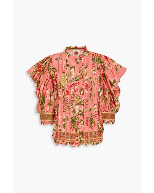 Farm Rio Orange Pintucked Floral-print Cotton Top