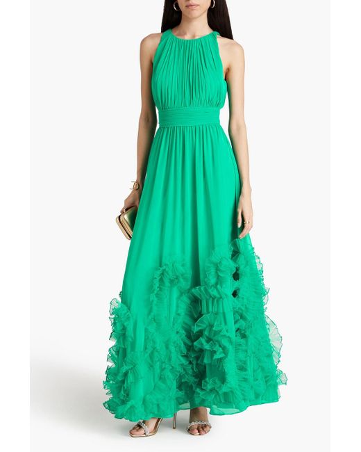 Badgley Mischka Green Ruffled Chiffon And Tulle Gown