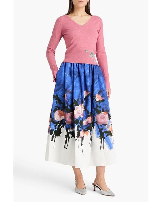 Erdem Blue Gathered Floral-print Cotton-blend Twill Midi Skirt
