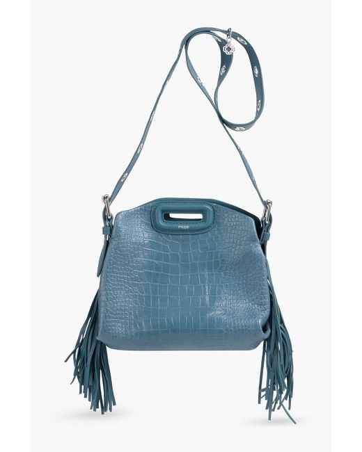 Maje Blue Fringed Croc-Effect Leather Shoulder Bag