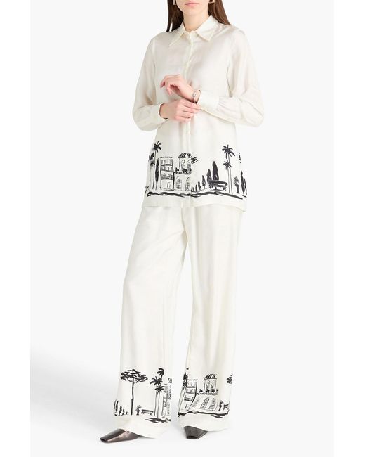Officine Generale White Gracella Printed Silk-Twill Wide-Leg Pants