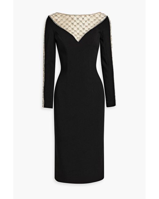 Jenny Packham Black Embellished Tulle-paneled Crepe Midi Dress