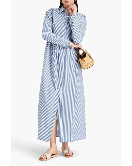 Onia Blue Striped Tm And Cotton-blend Poplin Maxi Shirt Dress