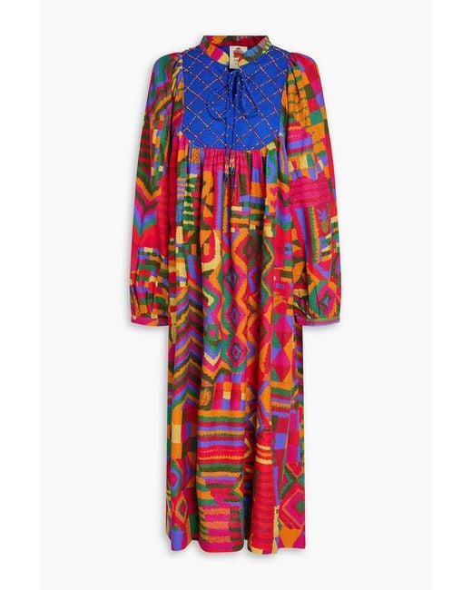 Farm Rio Red Bead-embellished Printed Linen-blend Midi Dress