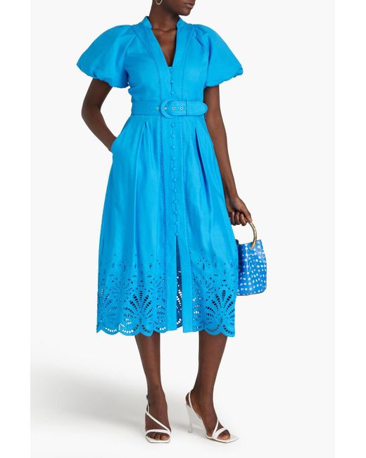 Rebecca Vallance Blue Isadora Broderie Anglaise Linen And Cotton-blend Midi Shirt Dress