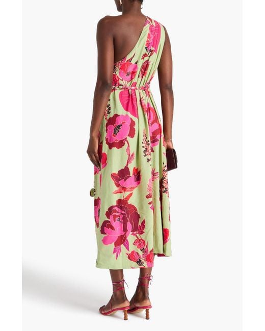 Farm Rio Red Midikleid aus einer leinenmischung mit floralem print und asymmetrischer schulterpartie