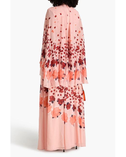 Erdem Red Cape-Effect Floral-Print Silk-Voile Gown