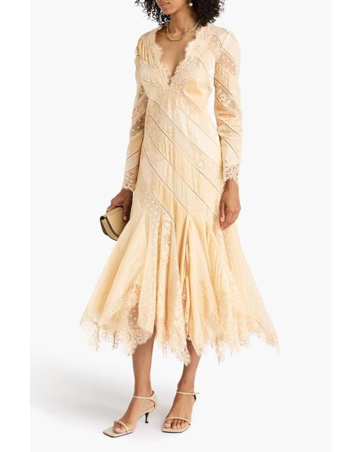 Zimmermann Natural Cotton-Blend Corded Lace, Organza And Devoré-Velvet Midi Dress