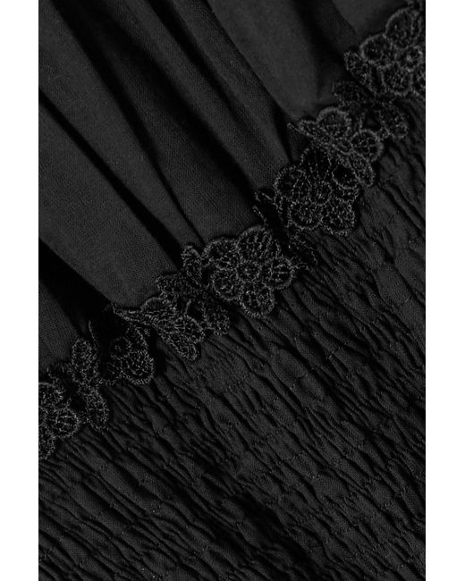 Charo Ruiz Black Nadia Shirred Guipure Lace-trimmed Cotton-blend Voile Mini Dress