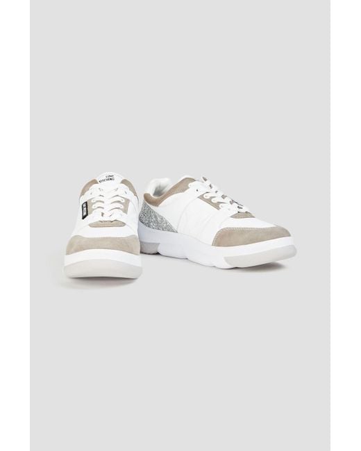Love Moschino White Glittered Suede And Leather Sneakers