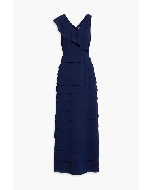 Mikael Aghal Blue Ruffled Crepe Maxi Dress