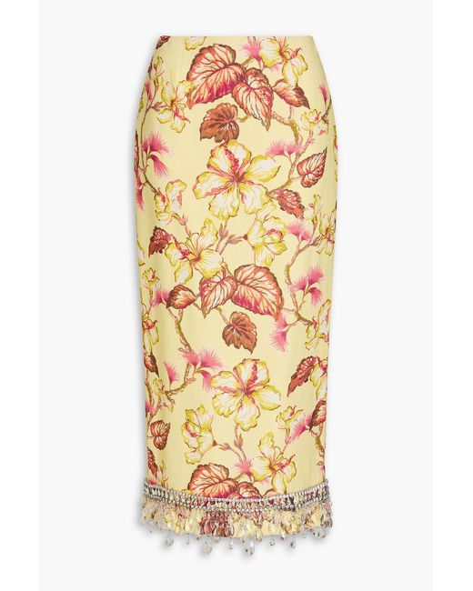 Zimmermann Metallic Embellished Floral-print Linen Midi Pencil Skirt