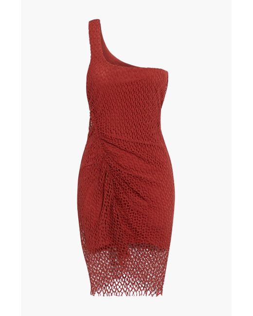 IRO Red Juney One-shoulder Ruched Crocheted Cotton Mini Dress