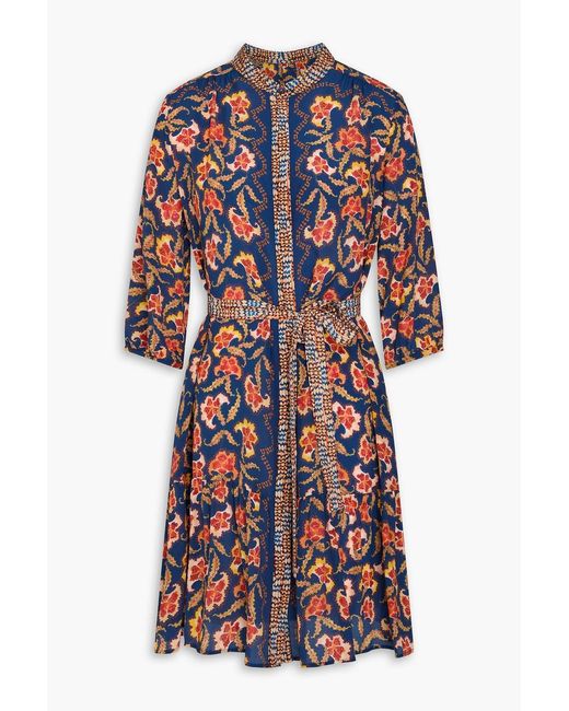 Saloni Blue Floral-Print Silk Crepe De Chine Mini Dress