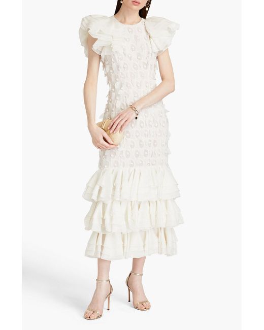 Zimmermann White Tiered Chiffon-paneled Linen And Silk-blend Gown