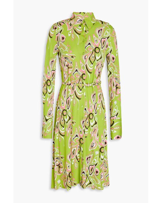 Emilio Pucci Green Belted Printed Jersey Shirt Dress