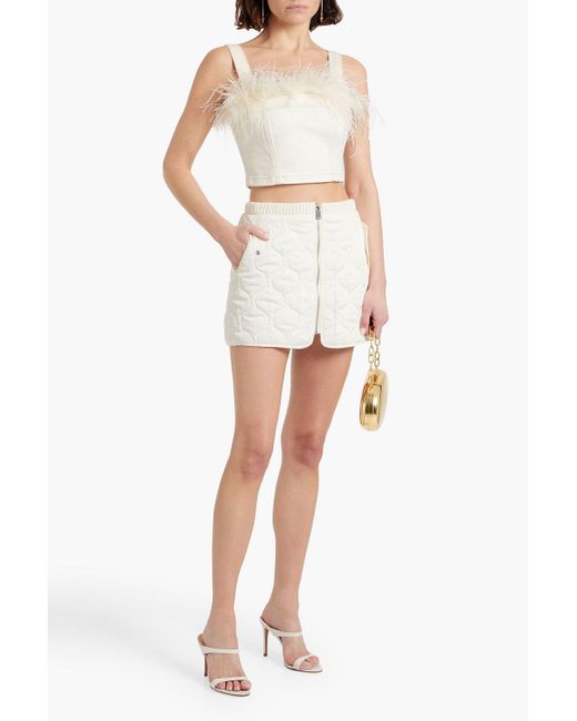 Jonathan Simkhai White Reeves Cropped Feather-Trimmed Denim Top