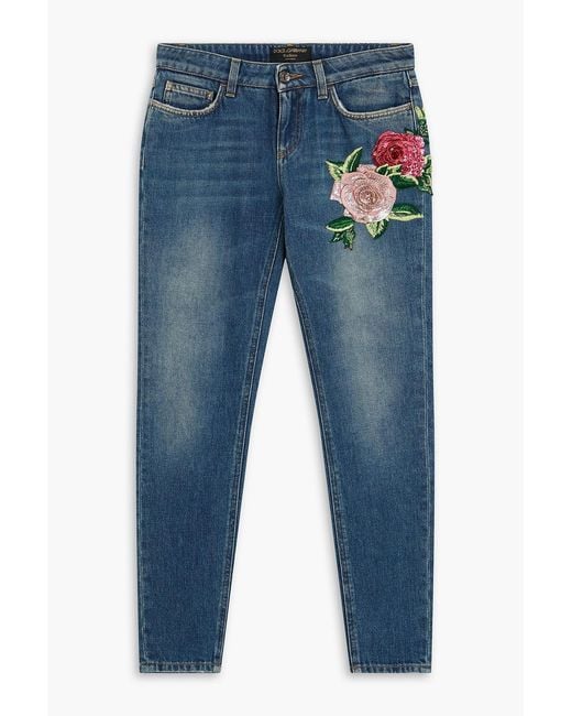 Dolce & Gabbana Blue Floral-appliquéd Low-rise Slim-leg Jeans