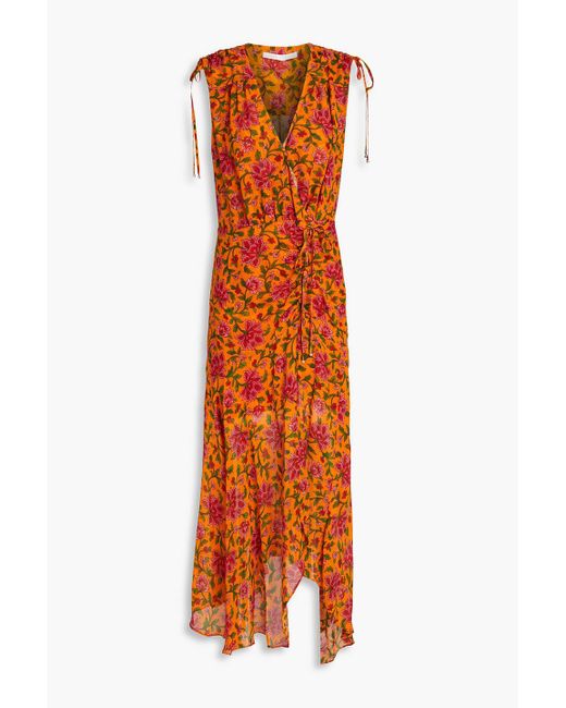Veronica Beard Orange Dovima Ruched Wrap-effect Floral-print Silk-chiffon Maxi Dress