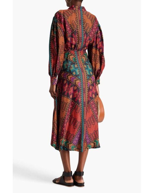 Farm Rio Red Bead-embellished Printed Satin Midi Dress