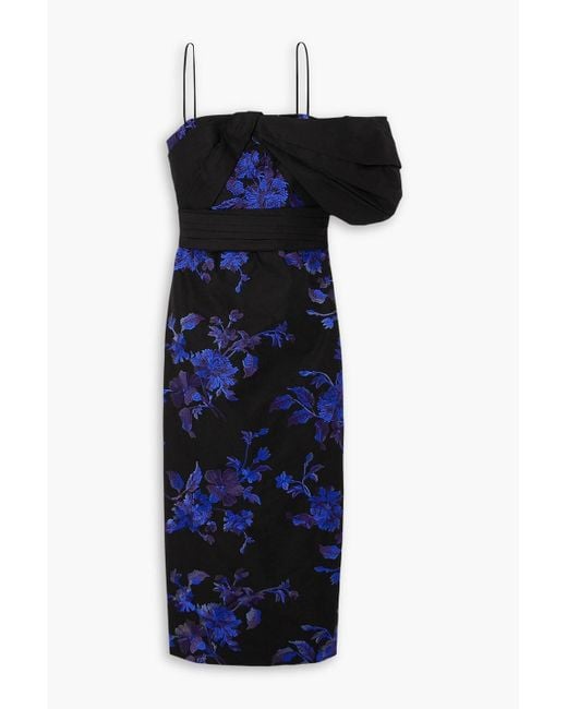 Erdem Blue One-Shoulder Embroidered Cotton-Faille Midi Dress